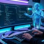 Person coding on a computer in a futuristic workspace with neon lights and a holographic figure analyzing data beside the monitor.