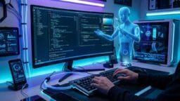 Person coding on a computer in a futuristic workspace with neon lights and a holographic figure analyzing data beside the monitor.