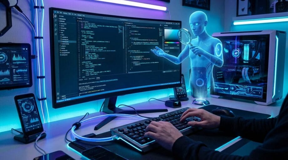 Person coding on a computer in a futuristic workspace with neon lights and a holographic figure analyzing data beside the monitor.