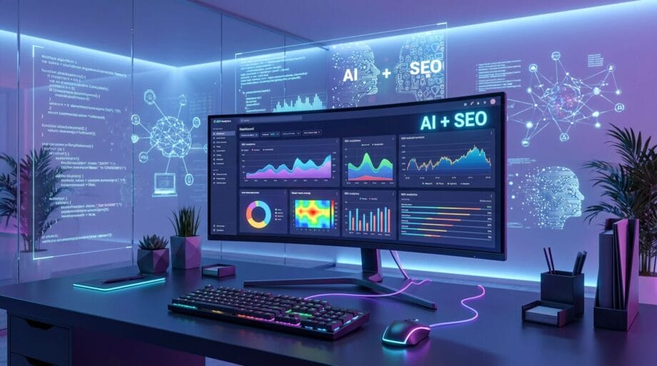 A modern desk setup with a computer displaying AI and SEO analytics, surrounded by neon lighting and futuristic digital graphics.