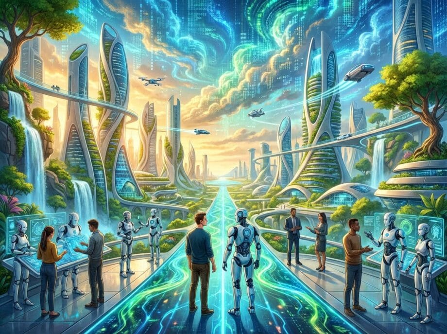 Futuristic cityscape with advanced robots and humans interacting, surrounded by high-tech buildings, flying vehicles, and lush greenery.