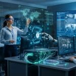 Three people in a modern control room monitor digital security data on large screens, with virtual graphics and a robotic arm present.