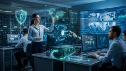 Three people in a modern control room monitor digital security data on large screens, with virtual graphics and a robotic arm present.