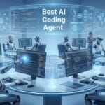 Robots sit at computer desks in a futuristic office, coding on monitors under a sign that reads Best AI Coding Agent.