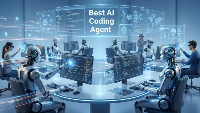 Robots sit at computer desks in a futuristic office, coding on monitors under a sign that reads Best AI Coding Agent.