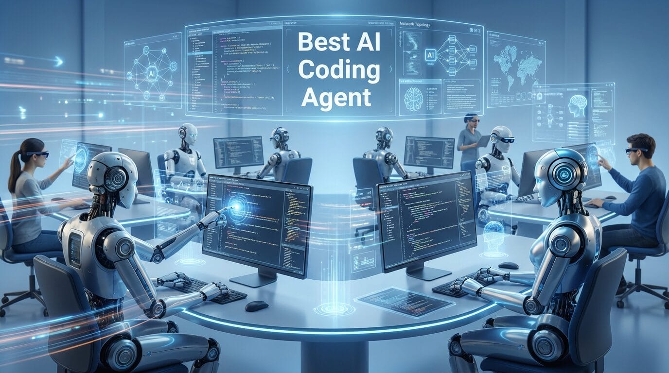 Robots sit at computer desks in a futuristic office, coding on monitors under a sign that reads Best AI Coding Agent.