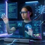 A person wearing smart glasses interacts with holographic screens and robotic arms in a high-tech, futuristic lab setting.