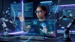 A person wearing smart glasses interacts with holographic screens and robotic arms in a high-tech, futuristic lab setting.