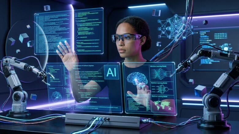 A person wearing smart glasses interacts with holographic screens and robotic arms in a high-tech, futuristic lab setting.