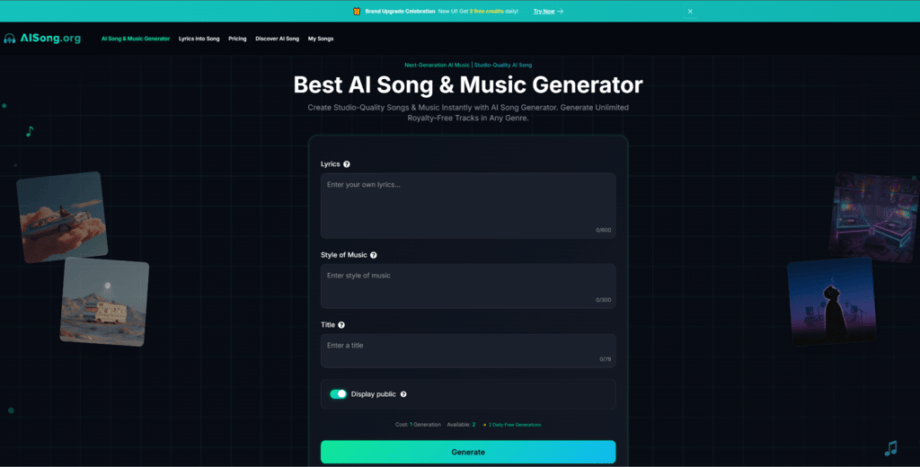 Screenshot of the AI Song website showing fields to generate AI-created lyrics, music style, and title for a song or music track.
