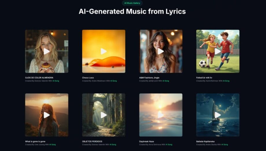 An AI Song webpage displays eight AI-generated music tracks from lyrics, each represented by a square cover image with a play button overlay.