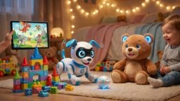 A child smiles at a robotic dog and teddy bear with glowing lights, surrounded by colorful blocks, toys, and a tablet game in a cozy room.
