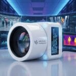 A white security camera labeled With Coral intelligence is shown in front of multiple digital monitoring and thermal imaging screens.