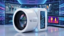 A white security camera labeled With Coral intelligence is shown in front of multiple digital monitoring and thermal imaging screens.