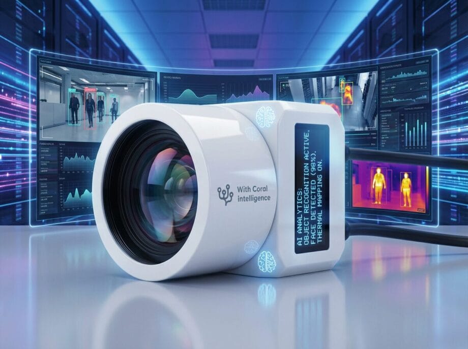 A white security camera labeled With Coral intelligence is shown in front of multiple digital monitoring and thermal imaging screens.