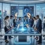 A group of business professionals analyzes data on large interactive screens in a modern office with digital graphs and AI visuals displayed.