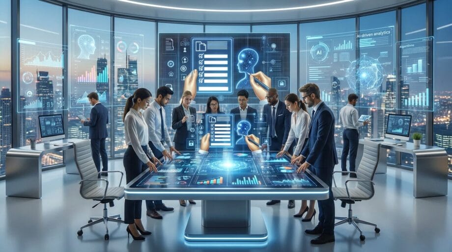 A group of business professionals analyzes data on large interactive screens in a modern office with digital graphs and AI visuals displayed.