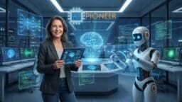 A woman and a humanoid robot stand in a high-tech lab with AI graphics, digital screens, and AI Pioneer text in the background.