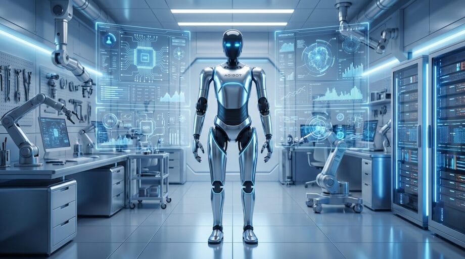 Humanoid robot stands in a high-tech laboratory surrounded by digital screens, robotic arms, and advanced equipment.