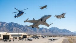 Several military aircraft, including jets and a helicopter, fly above an airbase with hangars and mountains in the background.