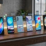 Six modern smartphones are displayed upright on a wooden desk, each showing different colorful app interfaces, in a well-lit office setting.