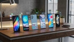 Six modern smartphones are displayed upright on a wooden desk, each showing different colorful app interfaces, in a well-lit office setting.