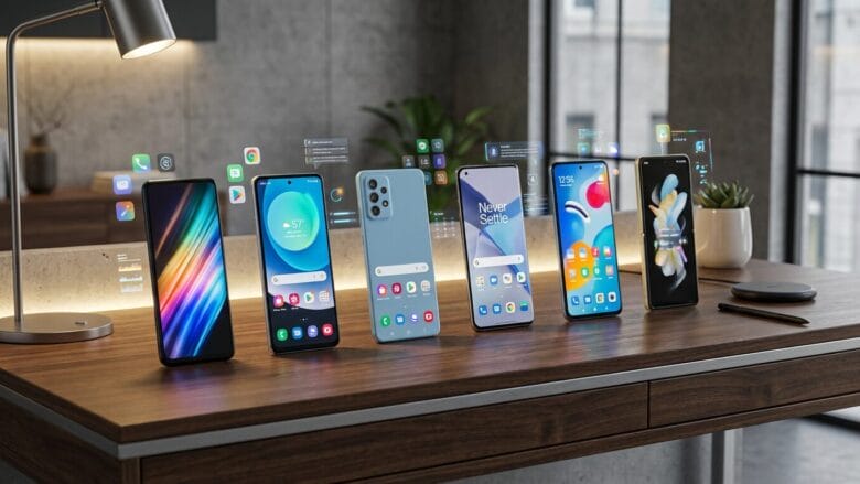Six modern smartphones are displayed upright on a wooden desk, each showing different colorful app interfaces, in a well-lit office setting.