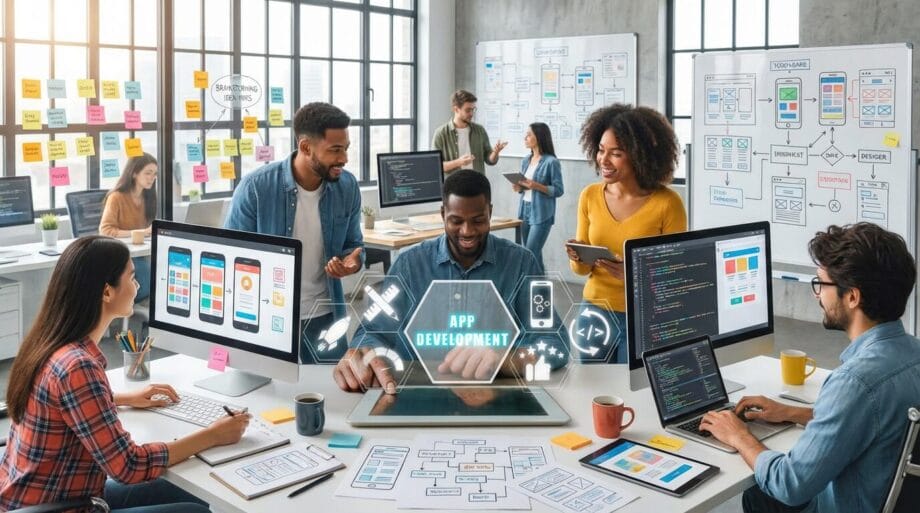 Five people collaborate on app development at a modern office table with computers, tablets, wireframes, and planning boards.