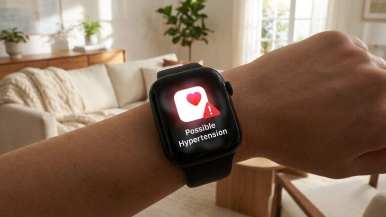 A smartwatch on a persons wrist displays a health alert reading Possible Hypertension with a heart icon and warning symbol.