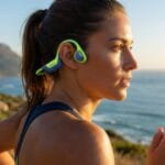 A woman runs along a coastal path at sunset, wearing wireless bone conduction headphones and athletic gear.
