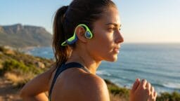 A woman runs along a coastal path at sunset, wearing wireless bone conduction headphones and athletic gear.