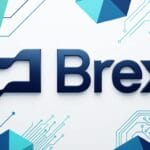 Brex logo in dark blue, surrounded by geometric shapes and circuit-like lines on a white background.