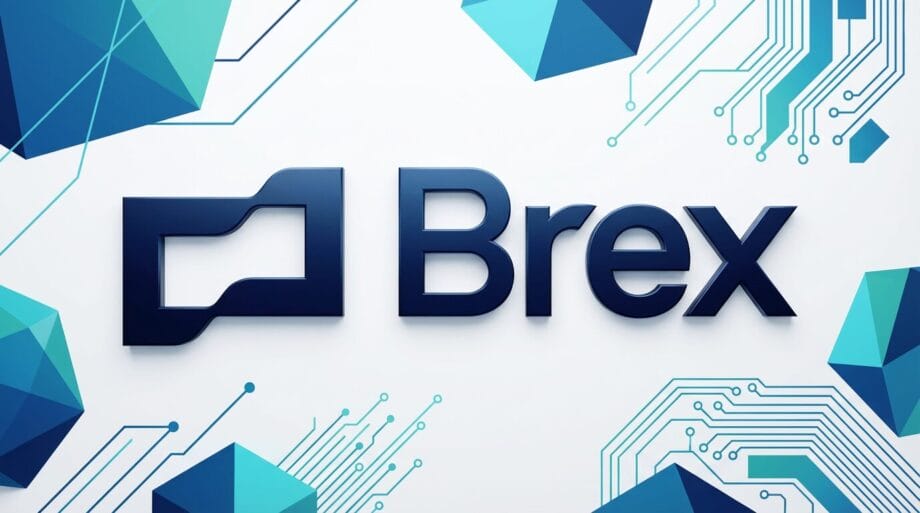 Brex logo in dark blue, surrounded by geometric shapes and circuit-like lines on a white background.