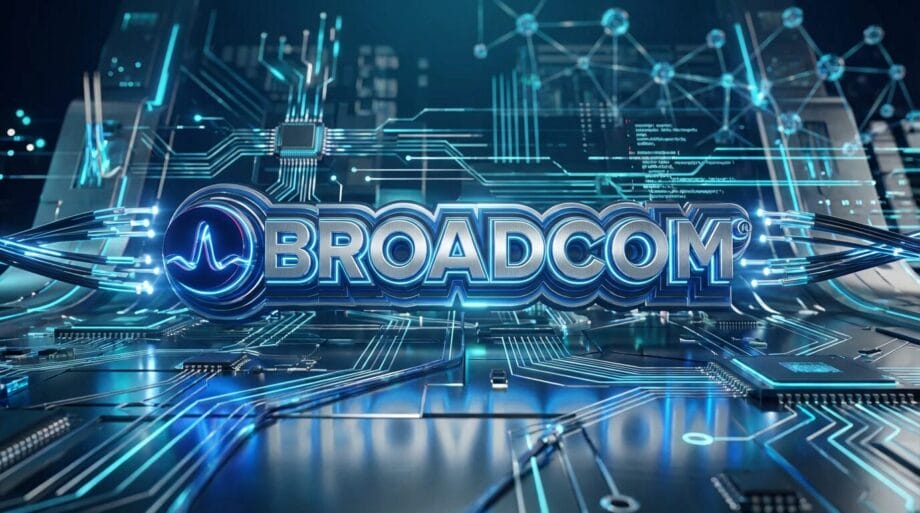 Broadcom logo appears in a futuristic digital setting with circuit patterns and glowing blue technological elements.