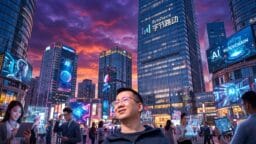 A man stands in a busy city square surrounded by tall buildings and digital billboards displaying AI and technology advertisements.