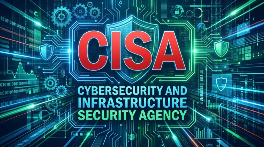 CISA logo with circuit board graphics and the text Cybersecurity and Infrastructure Security Agency in the background.