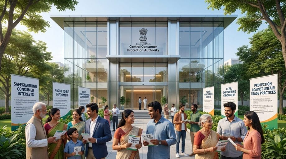 People gather outside the Central Consumer Protection Authority building, reading informational pamphlets about consumer rights and protections.
