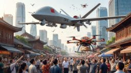 A crowd in a modern Chinese city looks up at drones flying overhead, including a large military drone and several smaller drones.