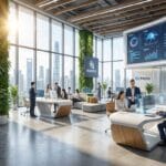 Modern office with people collaborating, digital screens displaying data, city skyline visible through large windows, and manus and Meta logos.