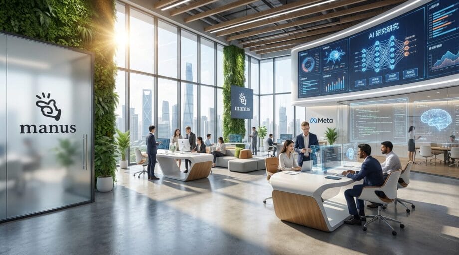 Modern office with people collaborating, digital screens displaying data, city skyline visible through large windows, and manus and Meta logos.