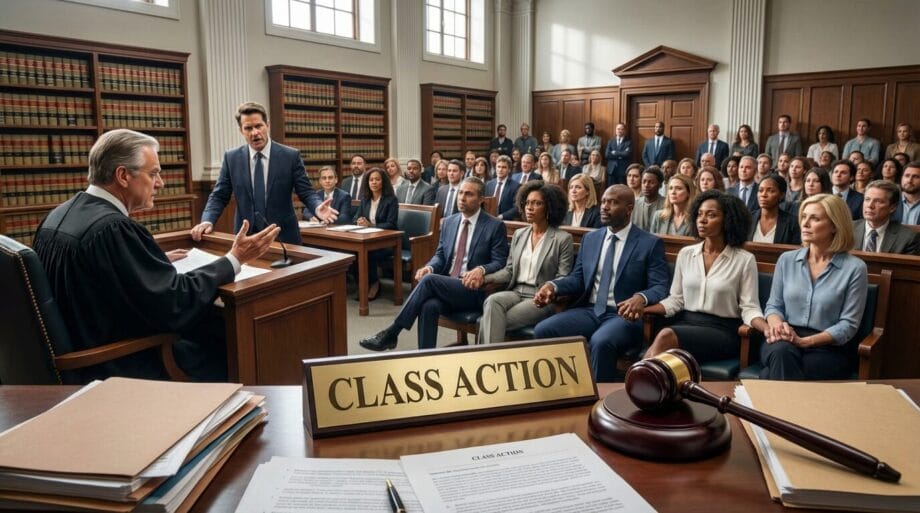A courtroom scene shows a judge, lawyers, and a large group of people seated together, with a sign reading CLASS ACTION on the table.