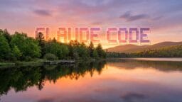 A calm lake at sunset with trees and hills in the background; large pixelated CLAUDE CODE text appears in the sky.