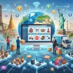 A computer screen shows online shopping, surrounded by global landmarks, products, currencies, and delivery icons, representing global e-commerce.