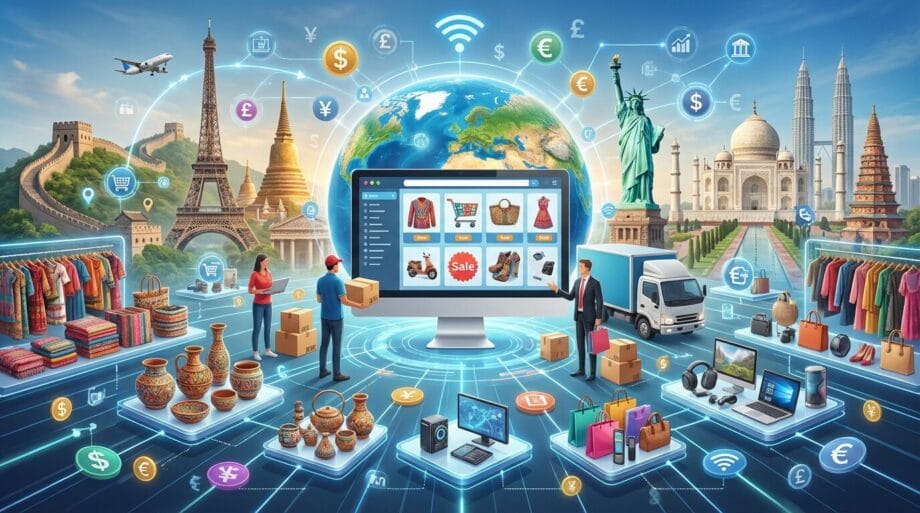 A computer screen shows online shopping, surrounded by global landmarks, products, currencies, and delivery icons, representing global e-commerce.