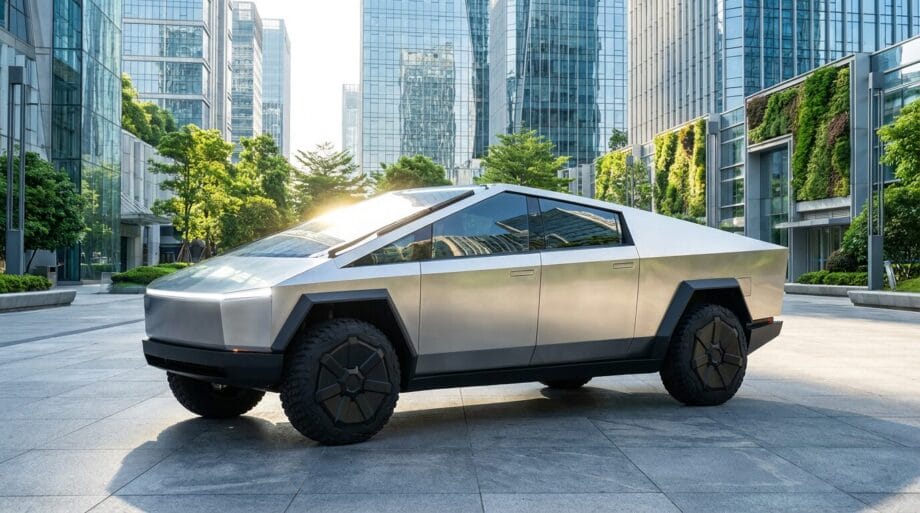 A silver Tesla Cybertruck is parked in a modern urban plaza with glass buildings and greenery in the background.