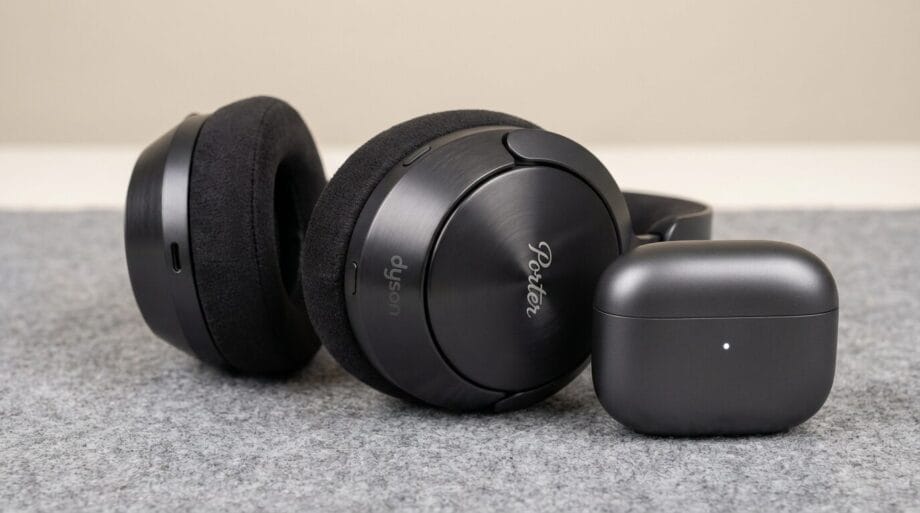 A pair of black over-ear headphones and a closed black earbuds case sit on a grey fabric surface.