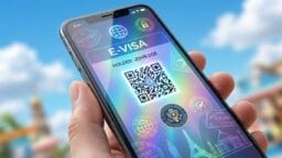 A hand holds a smartphone displaying an e-visa with a QR code, passport icons, and travel-related graphics on the screen.