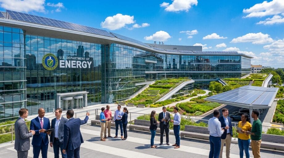 People stand and talk outside a modern U.S. Department of Energy building with solar panels and rooftop gardens under a blue sky.