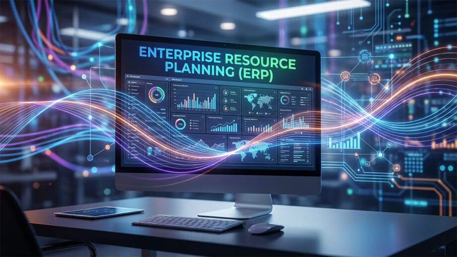 A computer screen displays an Enterprise Resource Planning ERP dashboard with data charts, graphs, and digital graphics in an office setting.