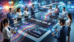 A group of professionals interacts with a large digital touchscreen labeled Fast-track Gen AI, surrounded by colorful data streams.